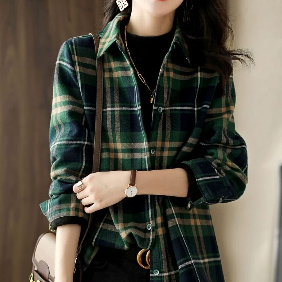 Picture of Brushed Plaid Long-Sleeved Shirt for Women Spring Cross-Border Retro Versatile Casual Shirt Loose Outer Top Jacket Trendy