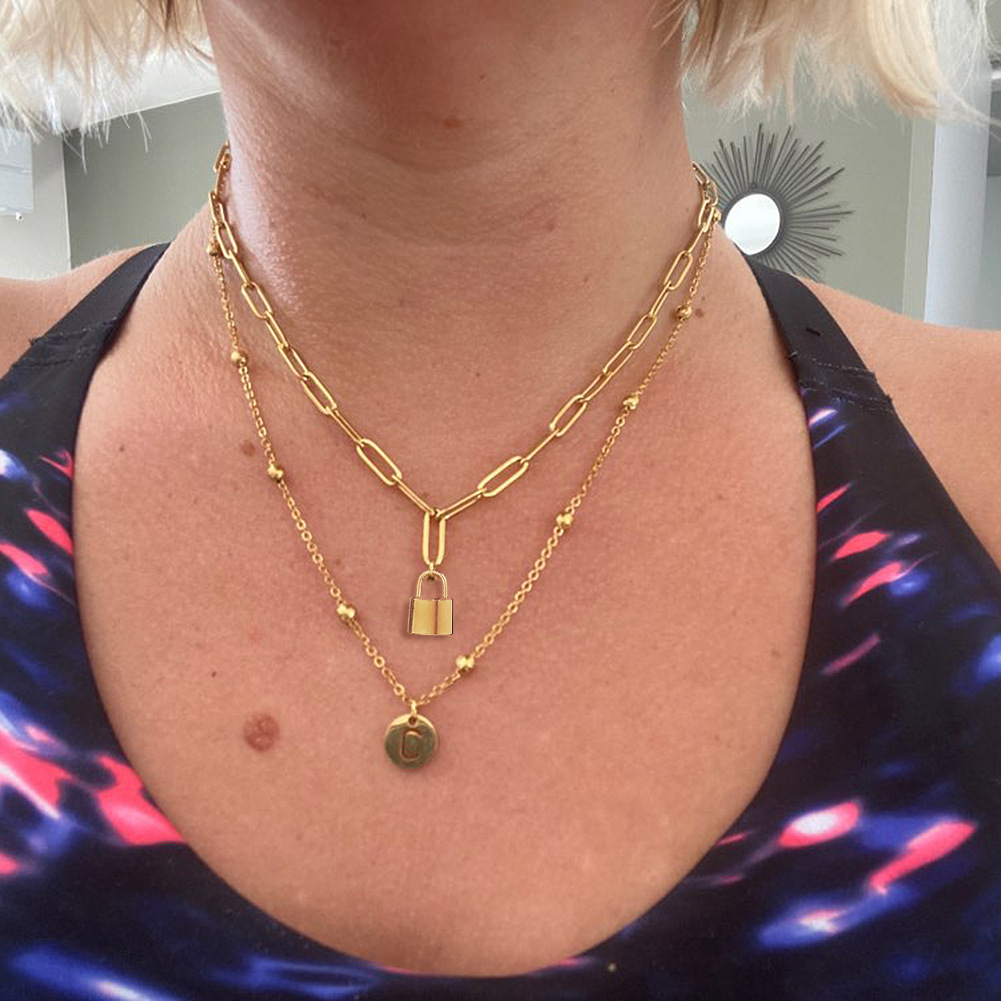 Picture of European and American Style Stainless Steel Paperclip Chain Padlock Pendant Clavicle Charm Personality Necklace