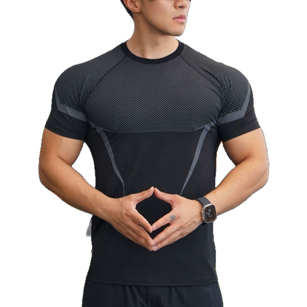 Picture of Cross-Border Summer Fitness Training Bodysuit New Men's Quick-Drying Breathable Sports Short-Sleeved Series Milk Silk T-Shirt