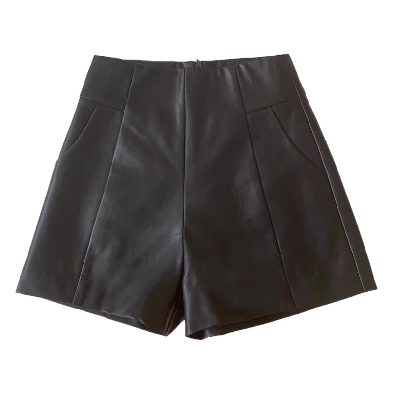 Autumn and Winter New High Waist Slimming PU Leather Shorts Women's Fashion Korean Style Wide Leg Pants Small Black A- Shoe Pants