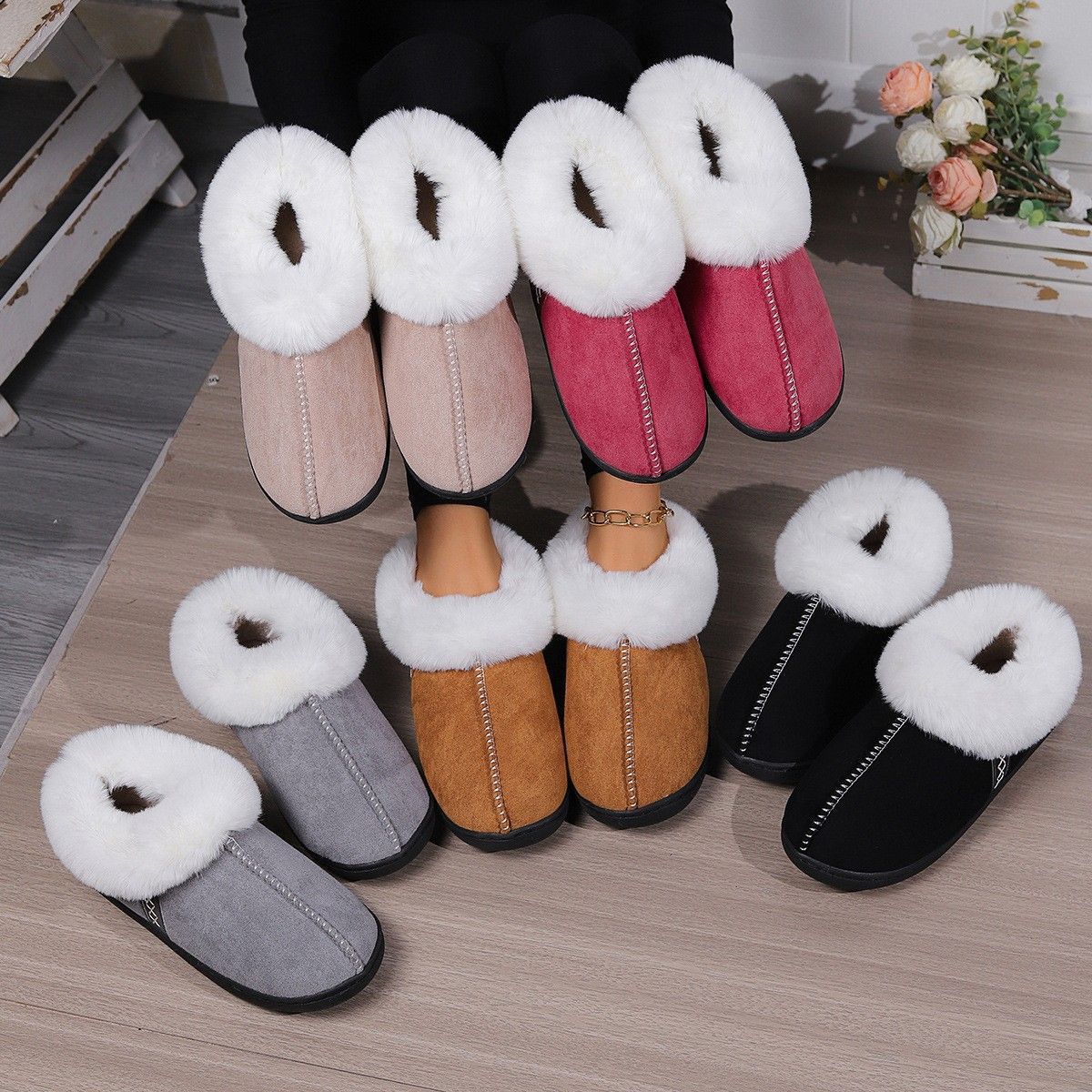 Cross-Border Autumn and Winter Velvet Cotton Slippers for Women, Home Thick-Soled Cotton Slippers for Men, Warm Bags and Furry Slippers Wholesale