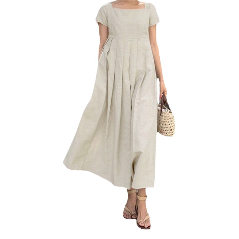 Foreign trade cross-border Europe and the United States new cotton and linen long skirt swing sunskirt short collar elegant casual long dress
