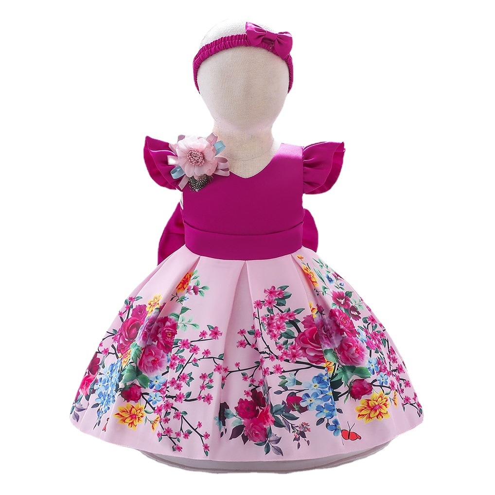 2024 foreign trade new baby girl's one-year-old dress summer satin printed small flying sleeve bow dress wholesale
