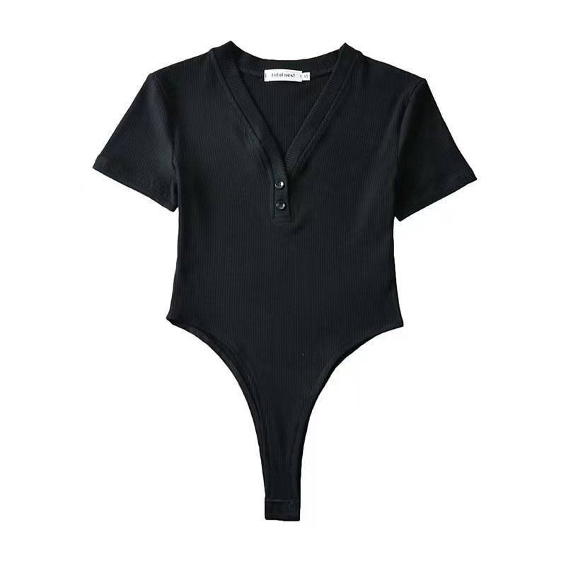Picture of Retro button V-neck thread short sleeve waist-tight one-piece T-shirt sexy hot girl heart machine one-piece bottoming shirt top cross-border