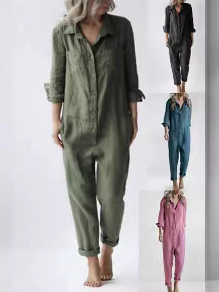 2024 cross-border foreign trade hot casual lapel pocket long sleeve solid color cotton jumpsuit green