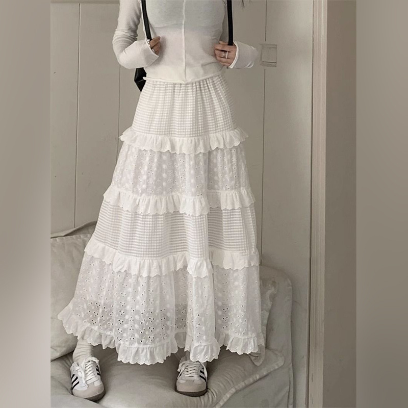 2025 Summer New French Niche High-end Design Women's Skirt White Crochet High Waist A- Line Skirt Cake Skirt