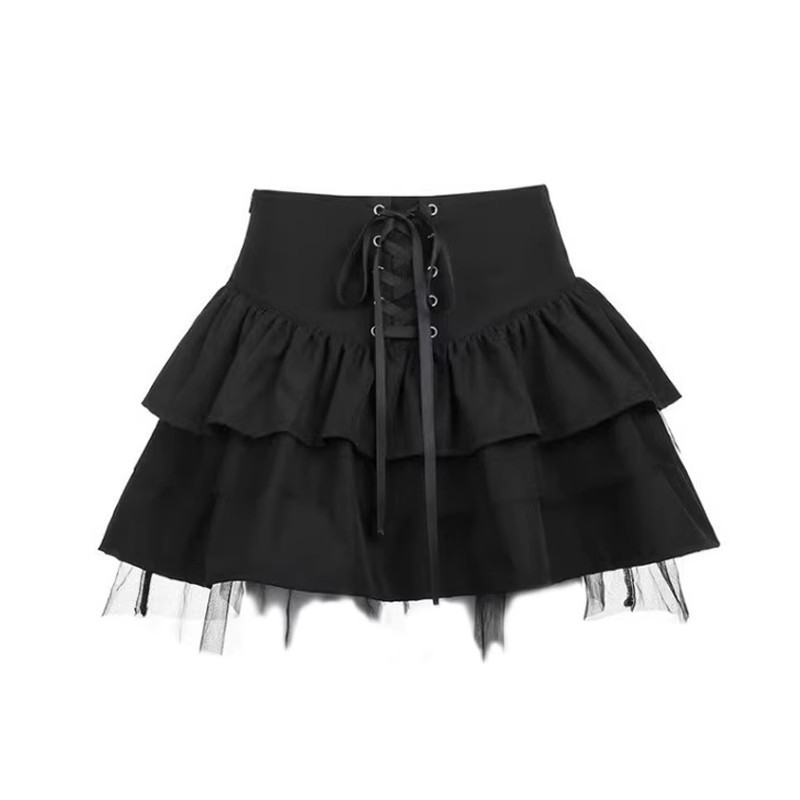 in stock Subculture Punk Millennial Spice Girl Lace-up Puff Skirt Women's Dark High Waist Short Slim-fit Cake Skirt