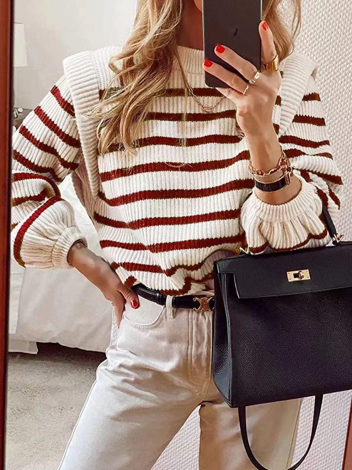 Aliexpress New 2025 Women's Fashion Striped Round Neck Puff Sleeve Sexy Knitted Sweater