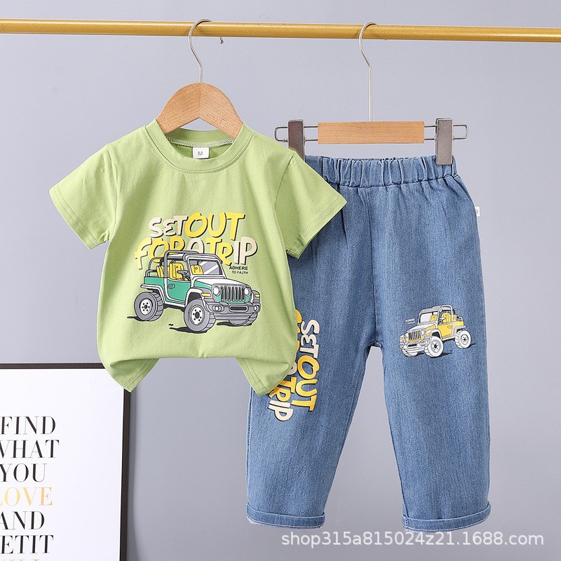 Picture of Summer 2024 new 0-5 years old children's suit cartoon car animal crew neck short sleeve jeans two piece cotton