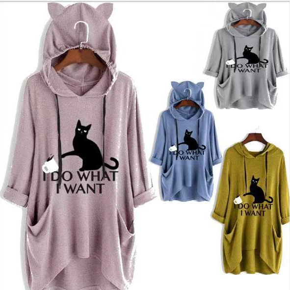 9518#2020 new loose plus size knitted hooded long sleeve hooded irregular cat printed women's clothing
