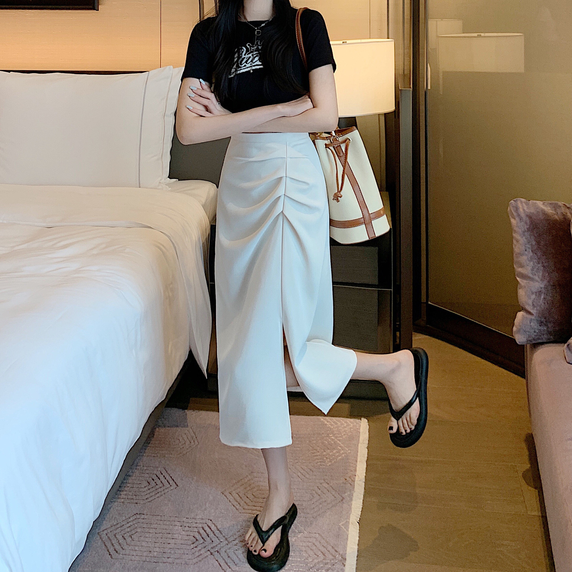 2024 Irregular Suit Skirt Women's Summer Small Slim Pleated Hip Skirt Mid-length Split A- line Skirt