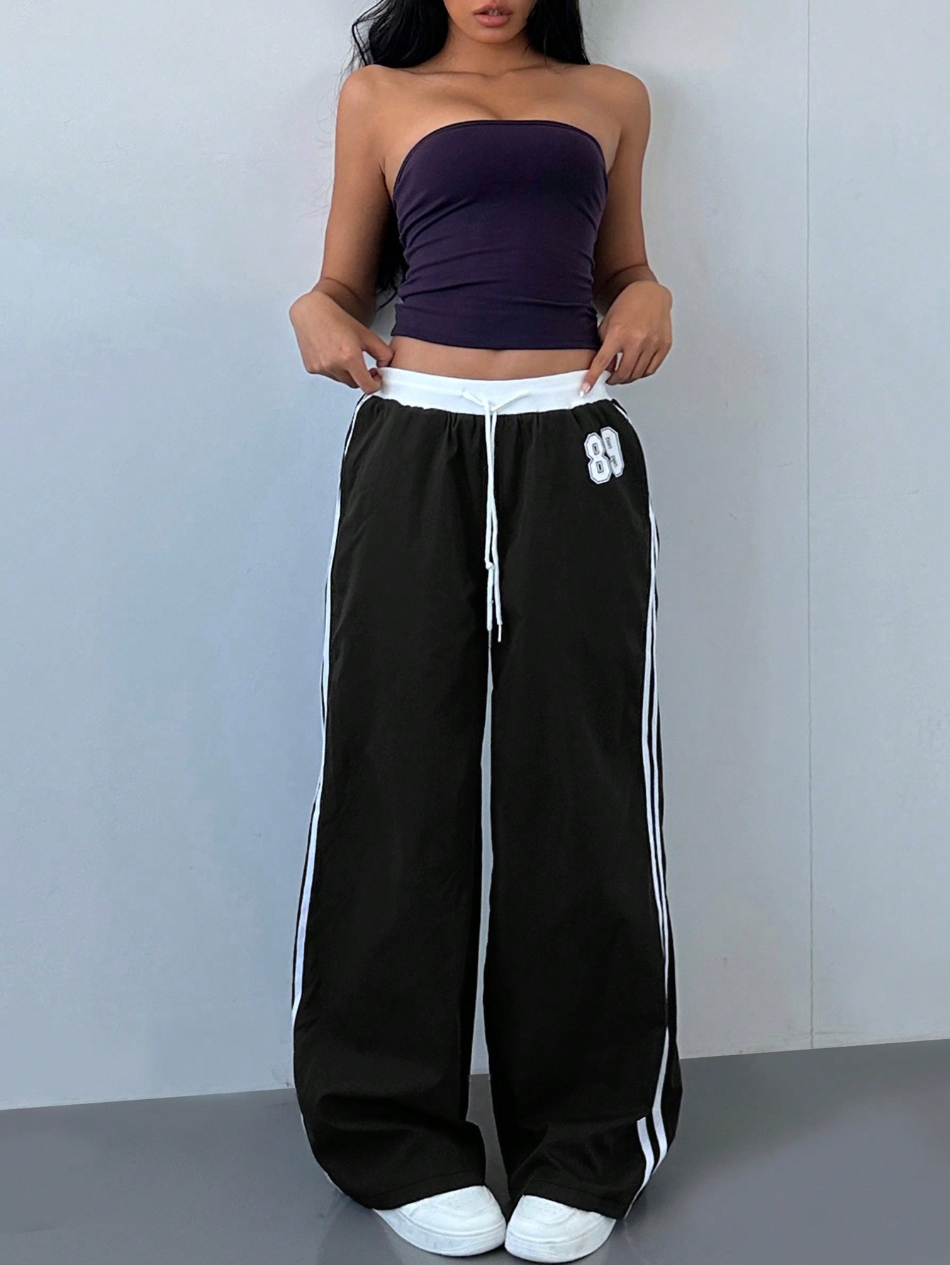 Cross-border European and American 2025 Spring and Summer New High Waist Dosing Loose Straight Leg Wide Leg Casual Pants Drawstring Color-matching Pants