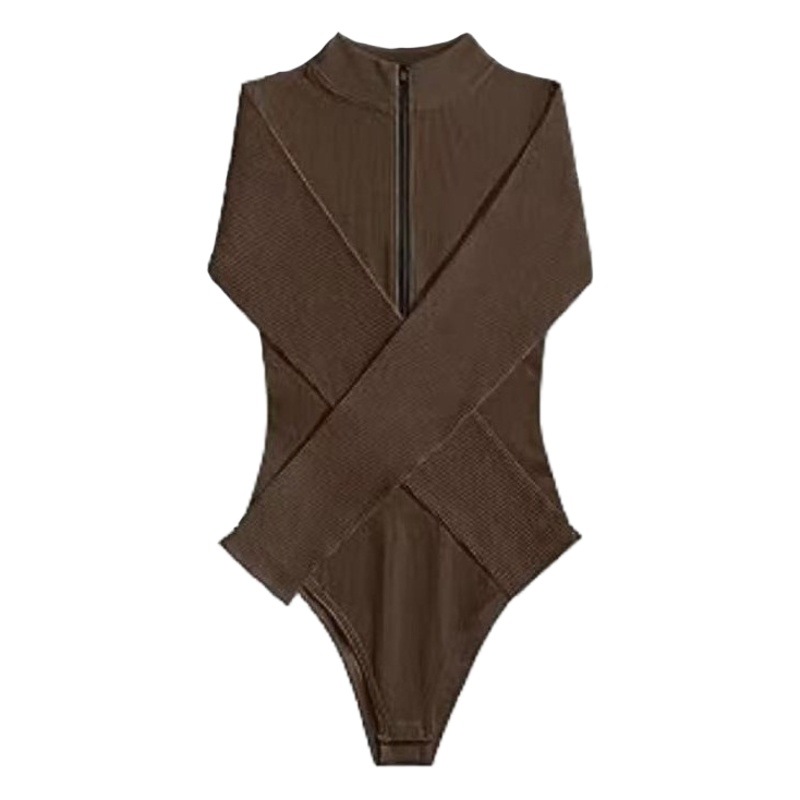 European and American Cross-Border Amazon 2025 Long-Sleeved Sexy Ribbed One-Piece Front Zipper Long-Sleeved Top Jumpsuit