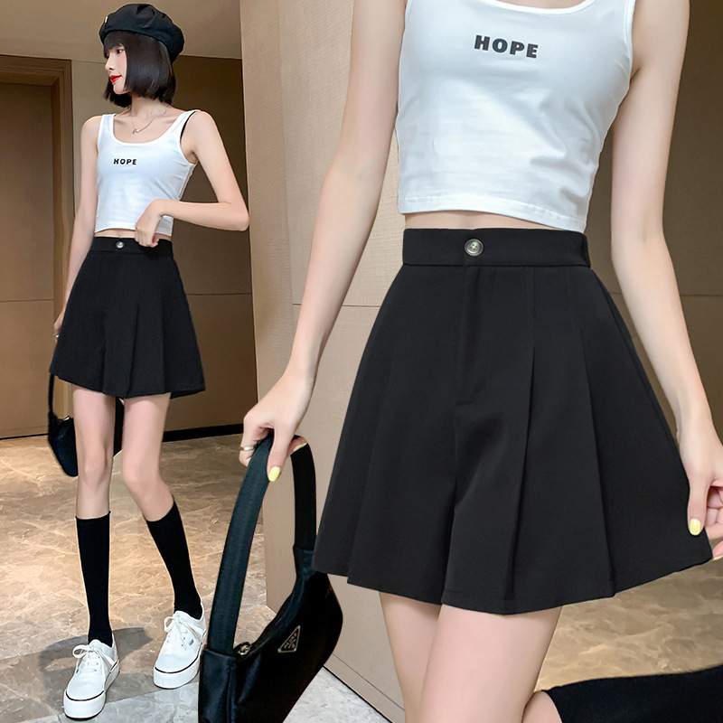 Summer Casual Pleated Meat Covering Wide Leg Pants Thin Summer Suit Shorts Women's High Waist Slimming A- Shaped chubby girl Black