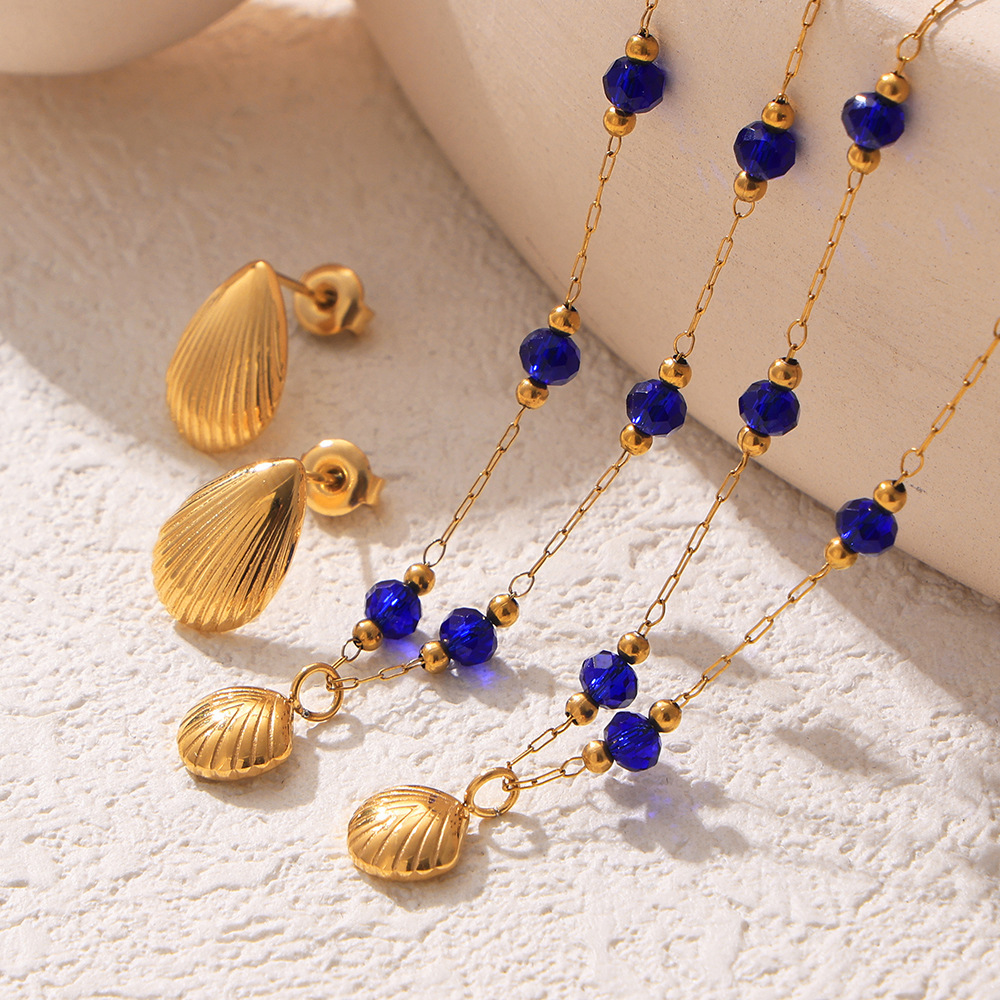 French Retro High-grade Starfish Shell Pendant Elegant Blue Crystal Necklace Earrings Light Luxury suit Titanium Steel Plated 18K Gold
