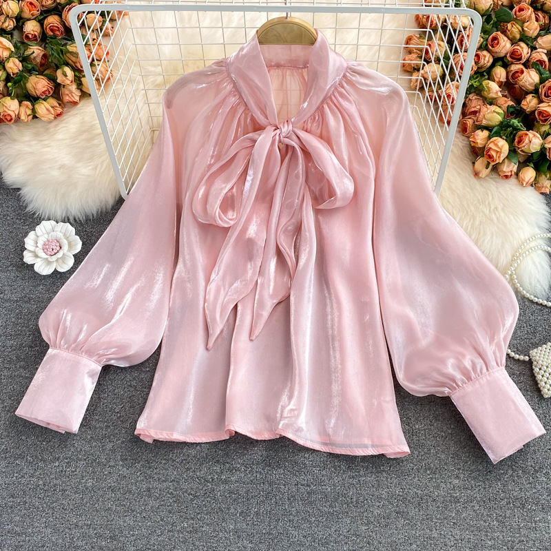 Picture of Cross-border 2023 New Super Fairy Loose Belly Covering Bow Lace-up French Large Size Shirt Long-sleeved Elegant Top for Women