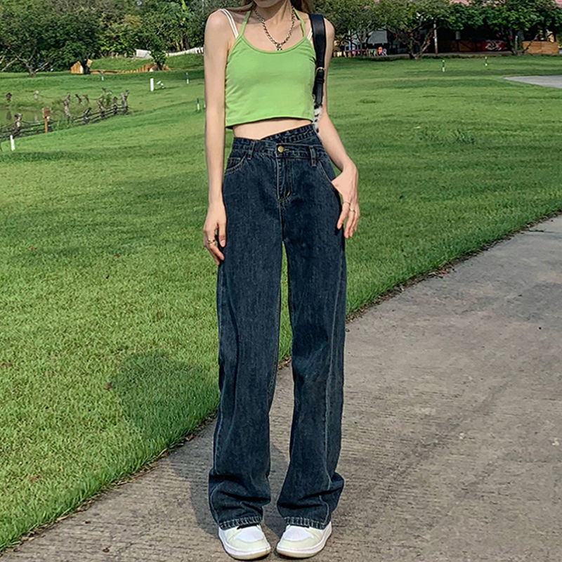 Autumn and Winter Blue Grey High Street Jeans Women's Irregular Oblique Buckle Slimming Small Straight High Waist Wide Leg Trousers