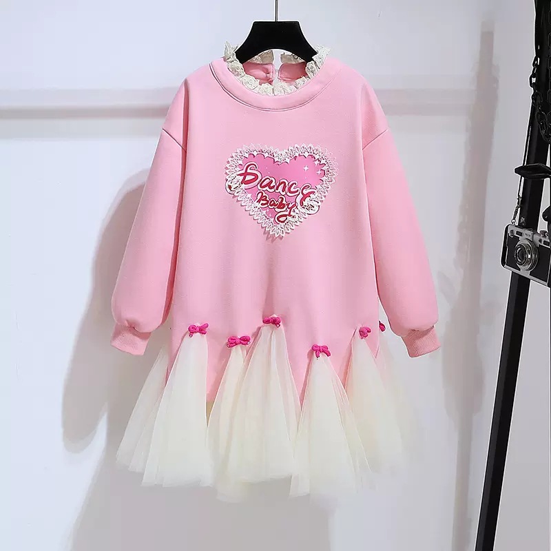 Girls' Mesh dress Spring and Autumn New Stylish Fashionable Love Bow Sweatshirt Skirt Children's Princess Skirt