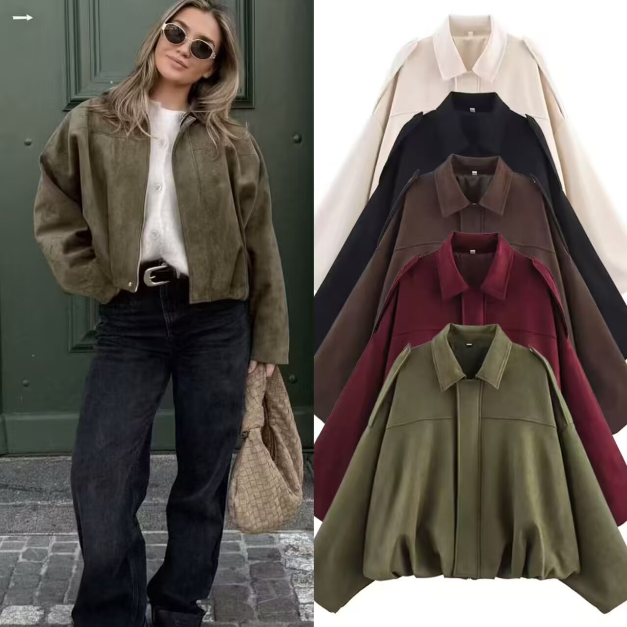 Cross-Border Women's Clothing European and American Street Fashion Versatile Bomber Jacket Loose Suede Texture Jacket Women's Outdoor Leisure