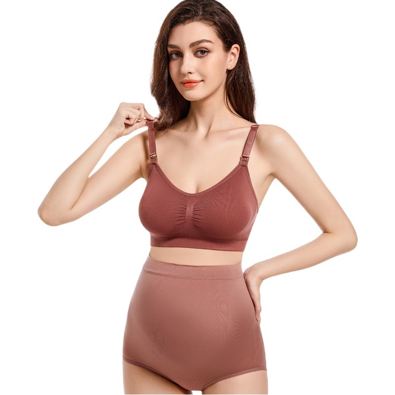 Seamless High Waist Underwear Set Breastfeeding Bra Top Open Buckle Non-steel Ring Non-marking Breathable Underwear Hip-lifting Underwear Set