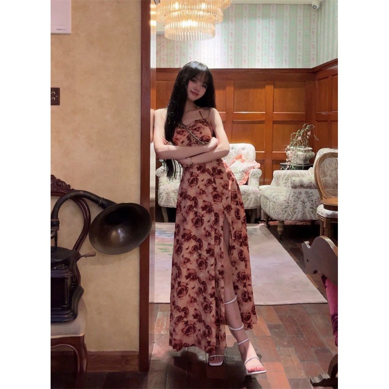 Chest Pad Interior Dry Rose/Vacation Style Sling Dress Summer Thin Retro Backless Split Long Dress