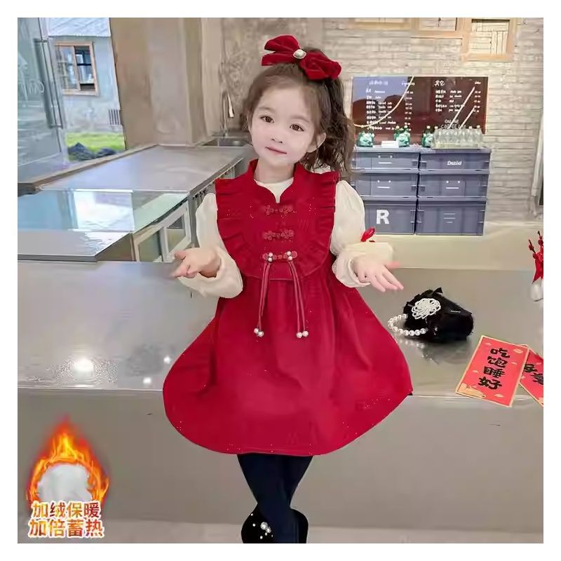 Picture of Female. Children's fleece-lined buckle dress 2024 autumn and winter new 1 childhood dress skirt female baby Korean princess skirt