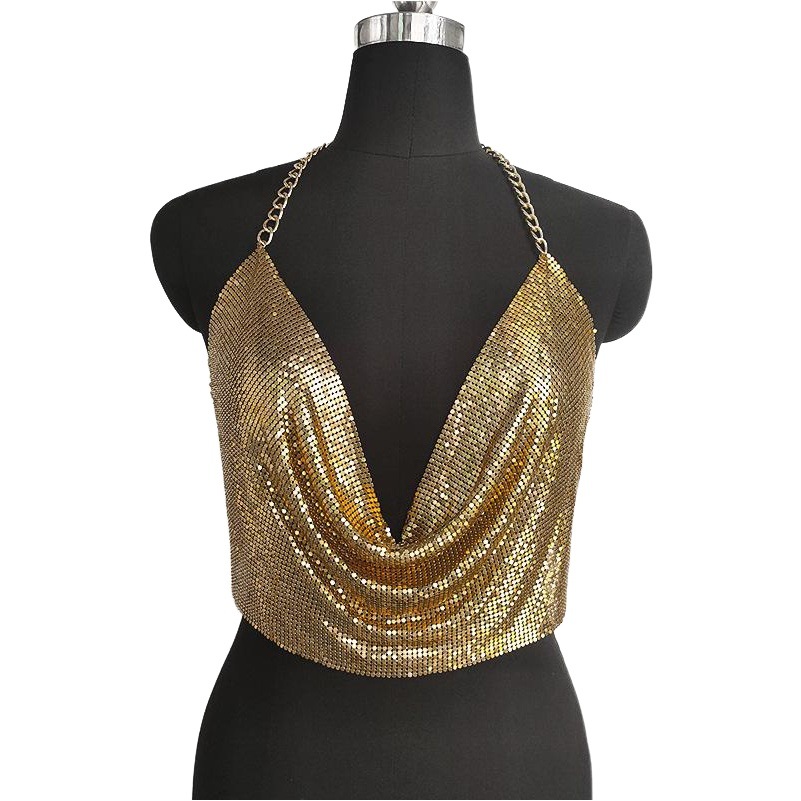 Sequins bright diamond vest European and American nightclub style sexy metal chain neck V-neck backless top small vest fb1542
