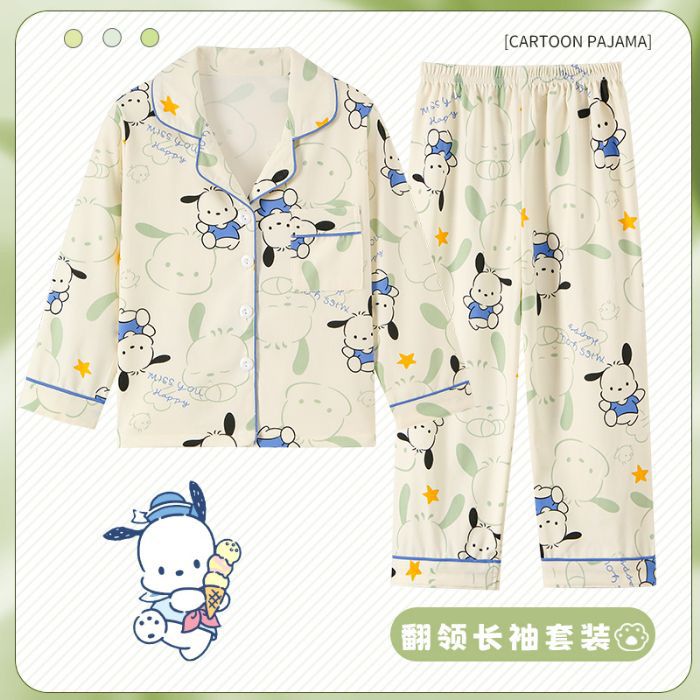 Picture of Children's Pajamas Spring and Autumn Cute Cartoon Boys and Girls Lapel Cardigan Long Sleeve Trousers Children's Home Clothes