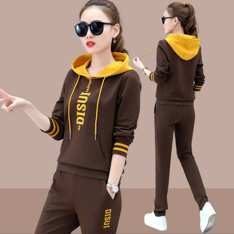2025 Korean Style Loose Running Hooded Casual Sportswear Suit for Women Autumn and Winter Fleece-Lined Sweatshirt Two-Piece Trendy Set