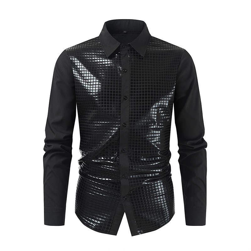 2024 Foreign Trade men's formal shirt sequined button shirt clothing lapel long sleeve glossy T-shirt shirt