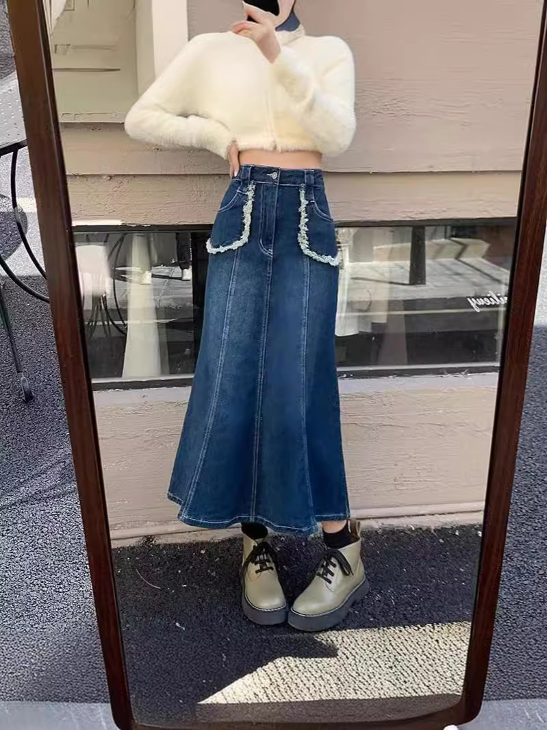 Denim Skirt Skirt Women's Spring and Summer New plus size Chubby M High Waist Slimming A- line Design Sense Mid-length Umbrella Skirt with Loose Waist