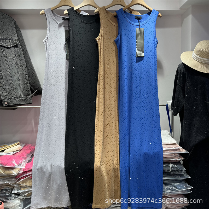 European and American Style Heavy Industry Hot Drilling Vest Dress Women's Spring and Summer 2024 New Round Neck Sleeveless Long Slim-fit Slimming Dress