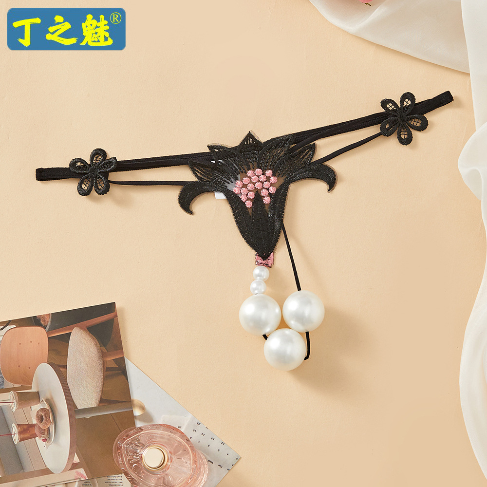 Plus Size Sexy Underwear Women's Thong Oversized Beads Temptation Couple Flirting Open Crotch Insertable Pearl Underwear
