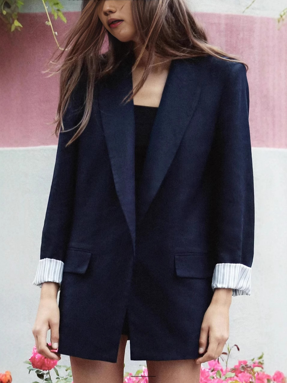 Cross-border European and American Women's Casual High-end All-match Slim-fit Slimming Linen Blended Roll Sleeve Colorblock Suit Jacket