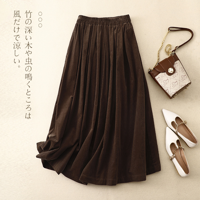 2024 real shot Japanese retro brown corduroy women's autumn and winter slim A- line skirt high waist umbrella skirt hanging skirt