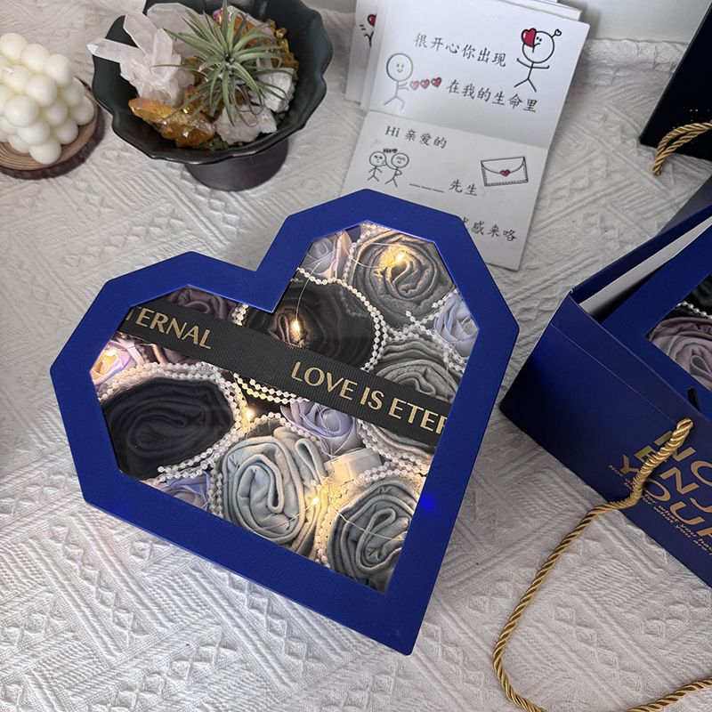 Valentine's Day Gift Blue Heart Box Window Diamond Heart-Shaped Plastic Gift Box Rose Flower Packaging Gift Box