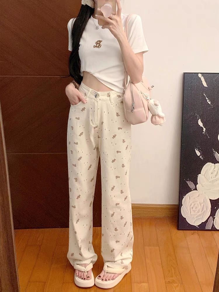 Printed Jeans Women's Summer Thin Casual Pants 2024 New Style Small Slim Look High Waist Beige Straight Trousers