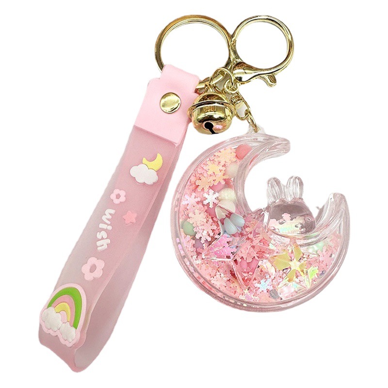 Creative quicksand moon rabbit key chain pendant exquisite girls floating bottle cartoon rabbit bag key chain pendant