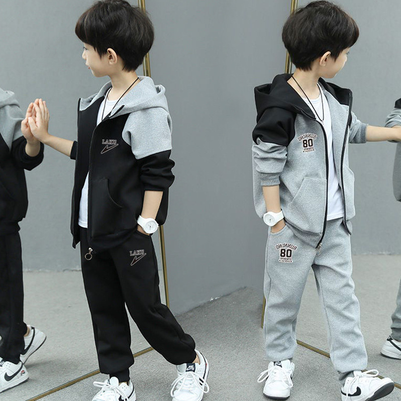 Children's suit boys' spring and autumn coat middle and big children's Korean-style handsome casual sportswear two-piece set fleece-lined winter