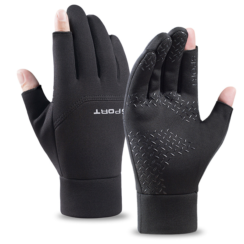 Dew two-finger gloves men's autumn and winter velvet warm take-out Express gloves half-finger touch screen women windproof manufacturers wholesale