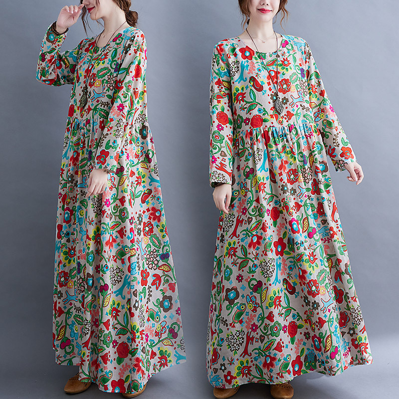 Picture of Foreign trade elegant large swing skirt dress spring and autumn loose plus size women's clothing fat sister ethnic style printed over-the-knee dress