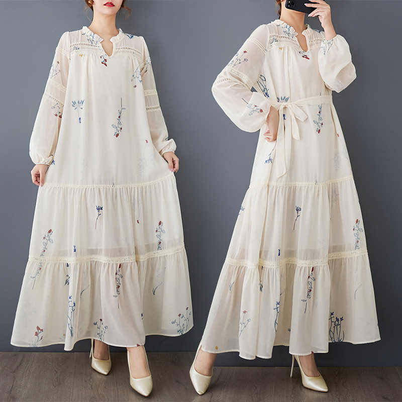 Real shot 2025 spring and autumn loose artistic fashion printing long sleeve stitching pleated temperament all-match long dress