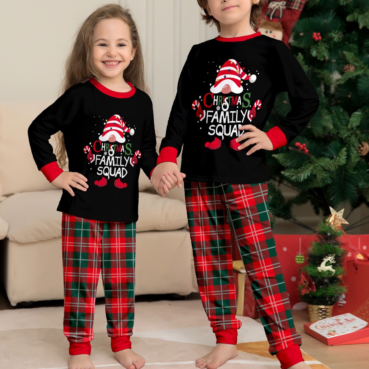 Picture of Cross-Border Christmas Cake Hat with Letters, New Plaid Long-Sleeved Two-Piece Home Clothes, Printed Round Neck, Family Parent-Child Clothes