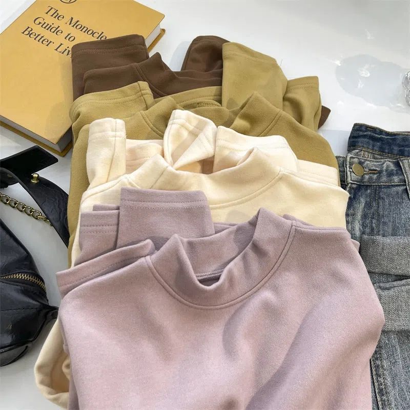 Picture of fleece-lined Thickened Warm Velvet Base Shirt Taro Purple Mock Collar Base Shirt Women's Solid Color Autumn and Winter Warm Top for Women