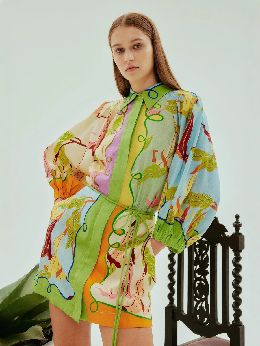 2025 New Cross-border European and American Independent Station Amazon Women's Linen Personality Fashion Printing Lace-up dress Women