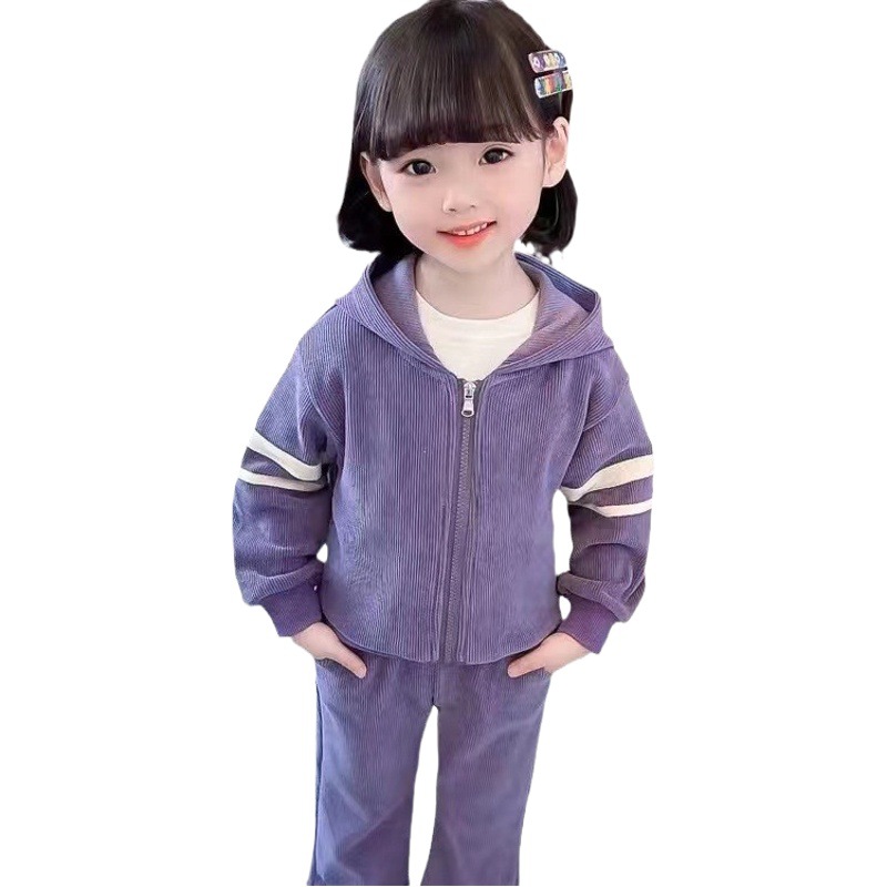 Baby girl Korean style trendy children's suit 2023 new autumn and winter western style chic cute casual hooded sweater straight pants