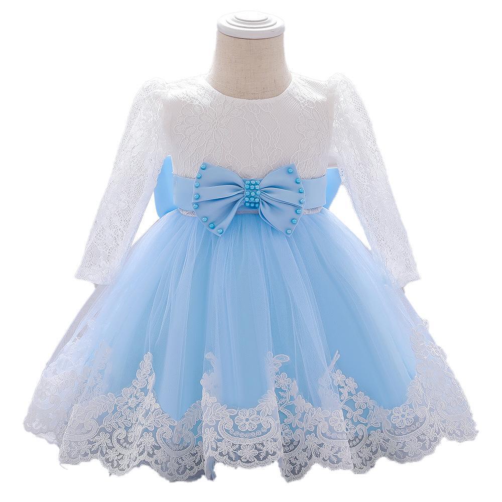 Picture of Amazon one-year-old dress long sleeve lace stitching wash dress bow beaded girl dress