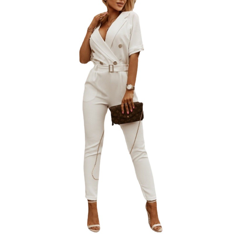 2025 Europe and the United States foreign trade cross-border women's clothing Amazon short sleeve suit collar high waist strap professional commuter jumpsuit