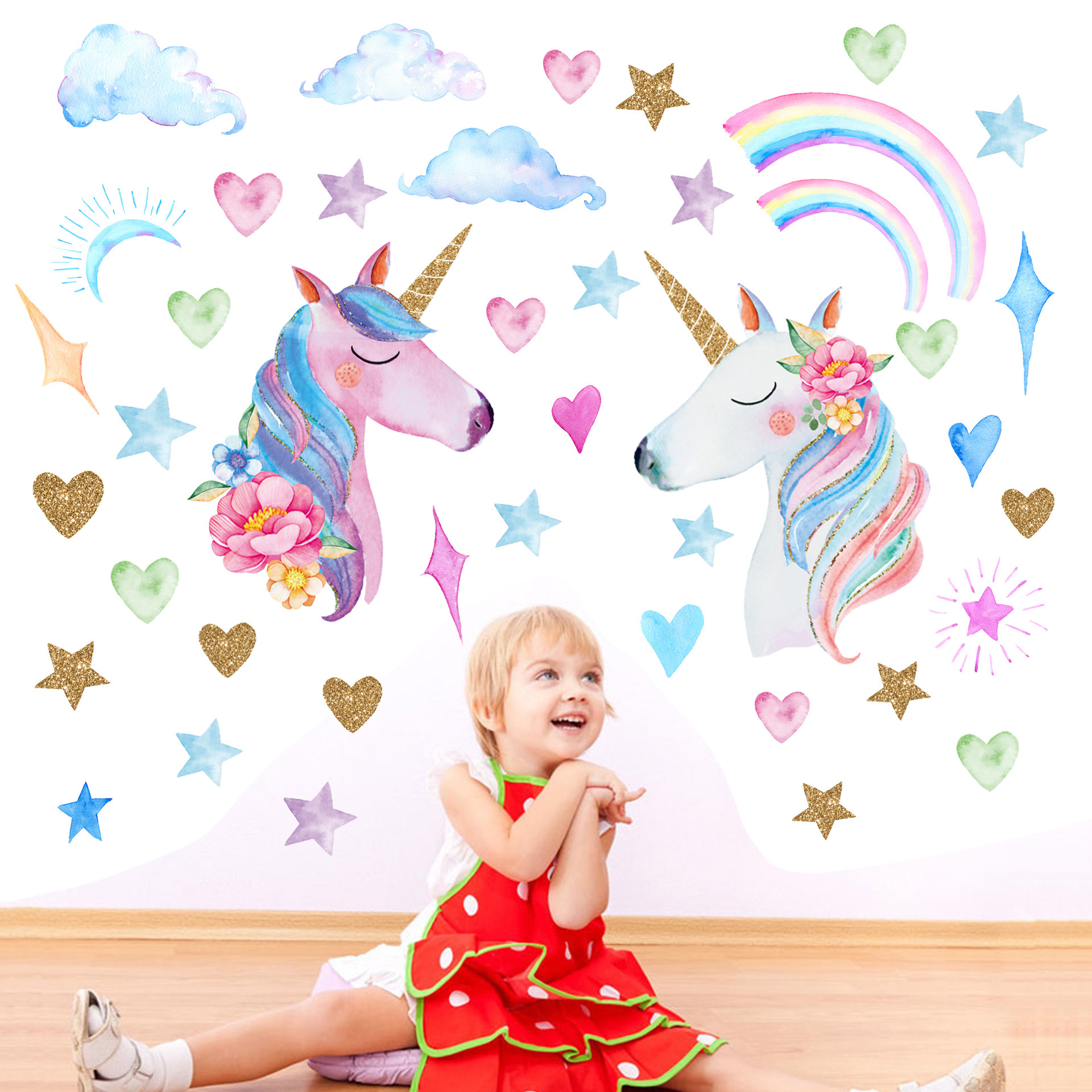 Amazon New Gold Blue Unicorn Wall Stickers Living Room Kids Bedroom Removable Decorative Sticker R-22