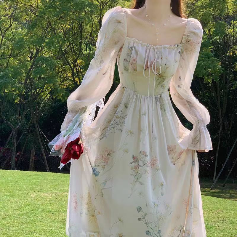 Spring and Summer New Style Beautiful Long-Sleeved Chiffon Dress Fairy Super Fairy Style Gentle Tea Break French First Love Skirt